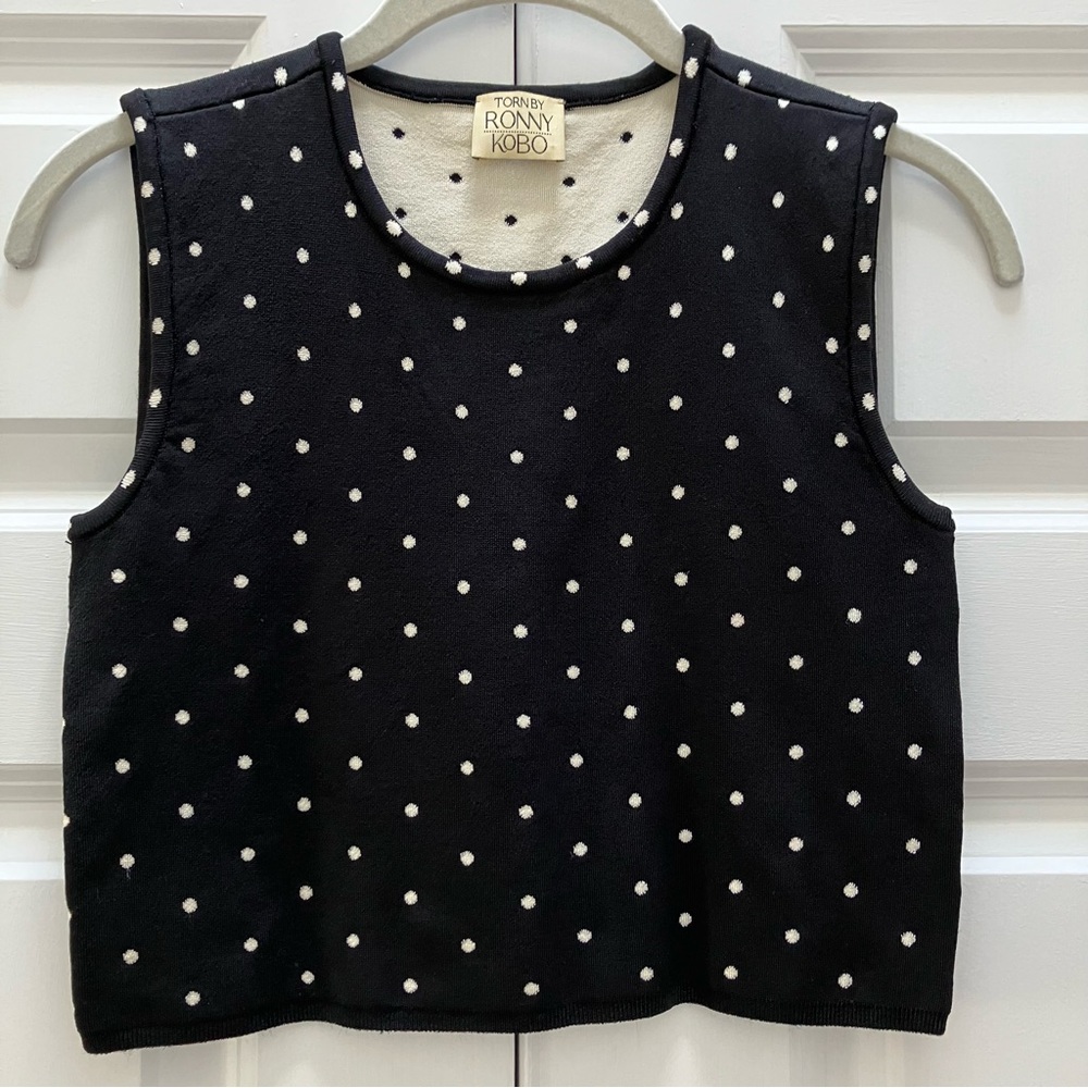 Torn By Ronny Kobo Edna Knit Polka Dot Crop Top Sweater Vest Black Cream Small